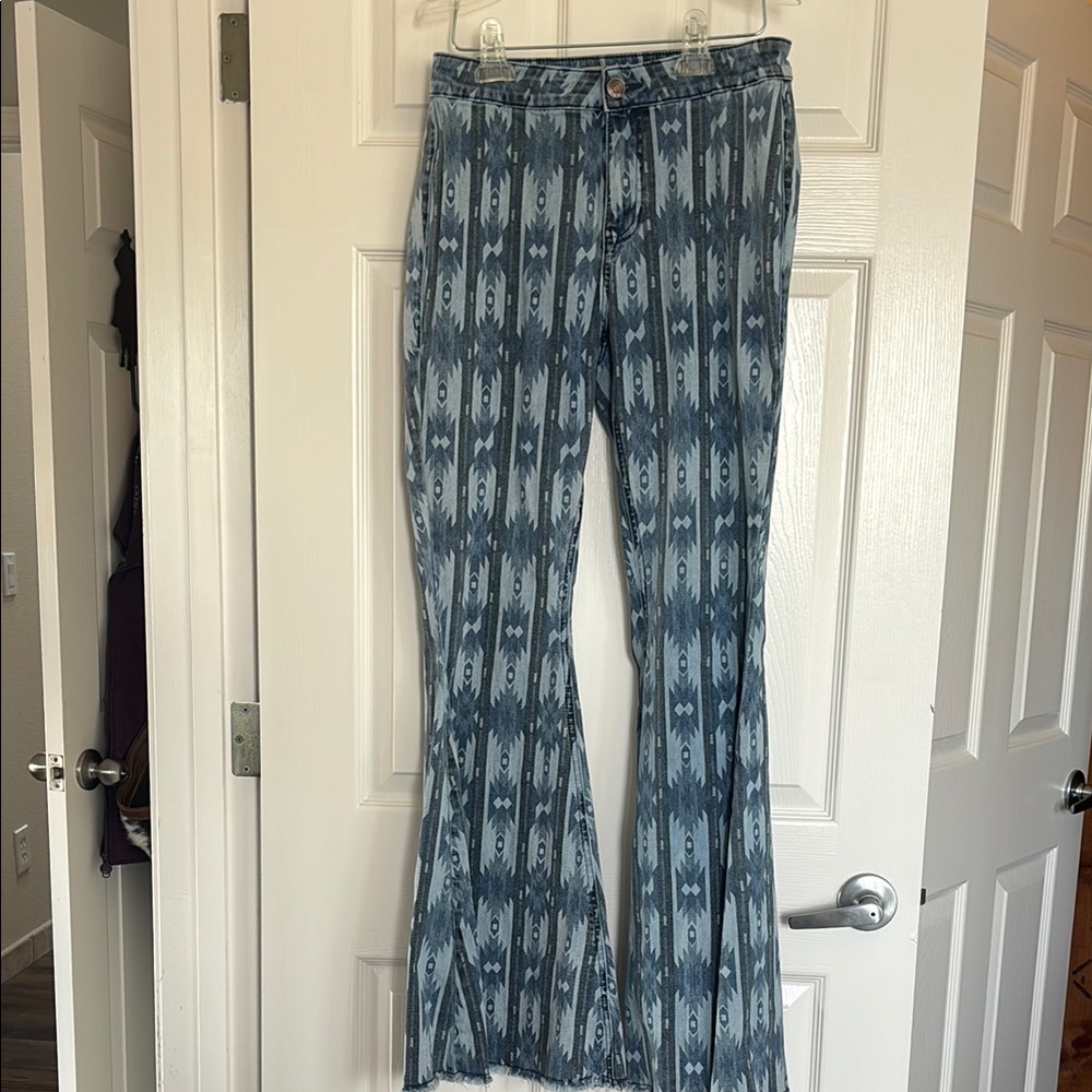 Blue Patterned Flare Jeans